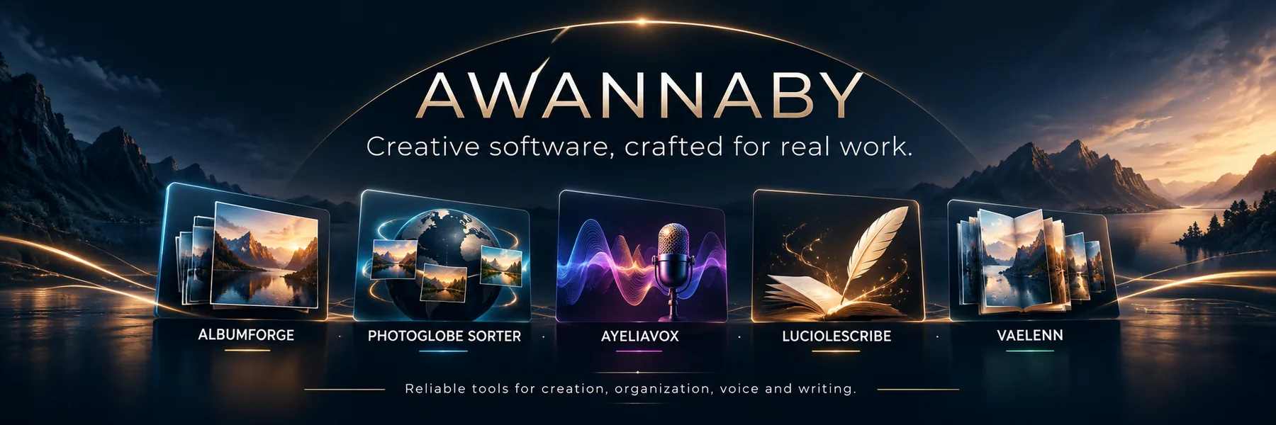 AWANNABY software portfolio: ALBUMFORGE, PhotoGlobe Sorter, AYELIAVOX, LucioleScribe and VAELENN shown against a mountain lake at dusk